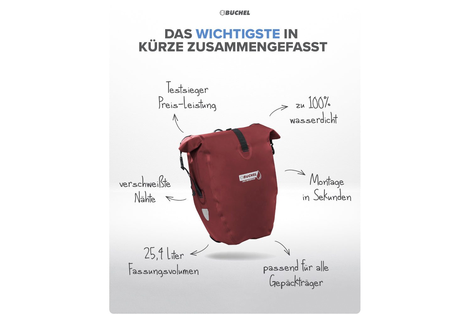 Büchel Fahrradtasche für Gepäckträger mit Tragegriff und Schultergurt / merlot, wasserdicht