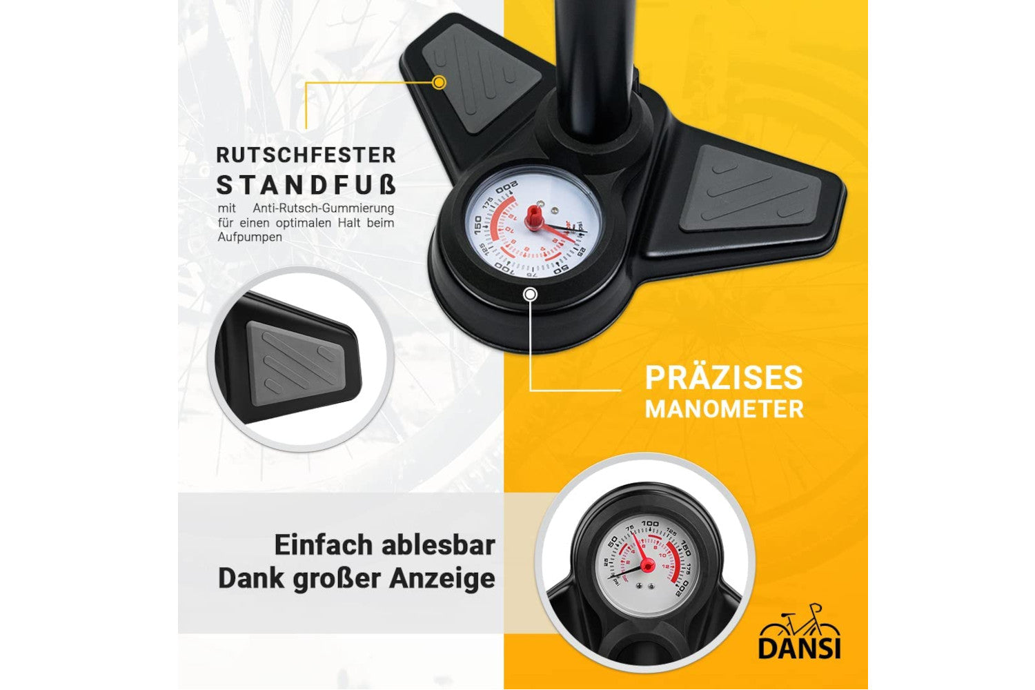 Dansi Standluftpumpe Fahrradpumpe mit Adaptern für alle Ventile